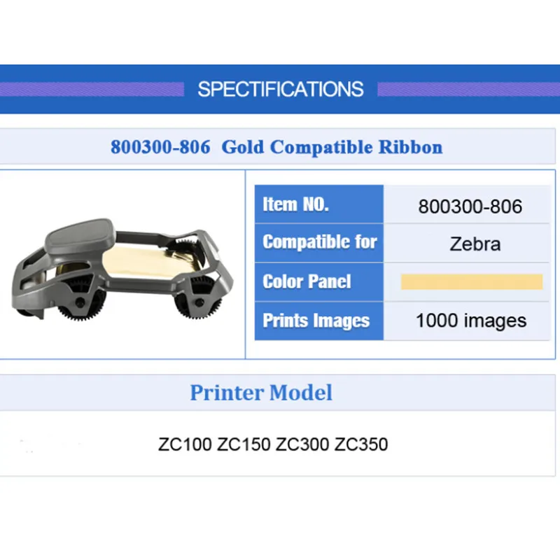 Compatible 800300-806 Gold Ribbon For Zebra ZC300 ZC350 ID Card Printer 1000 Prints