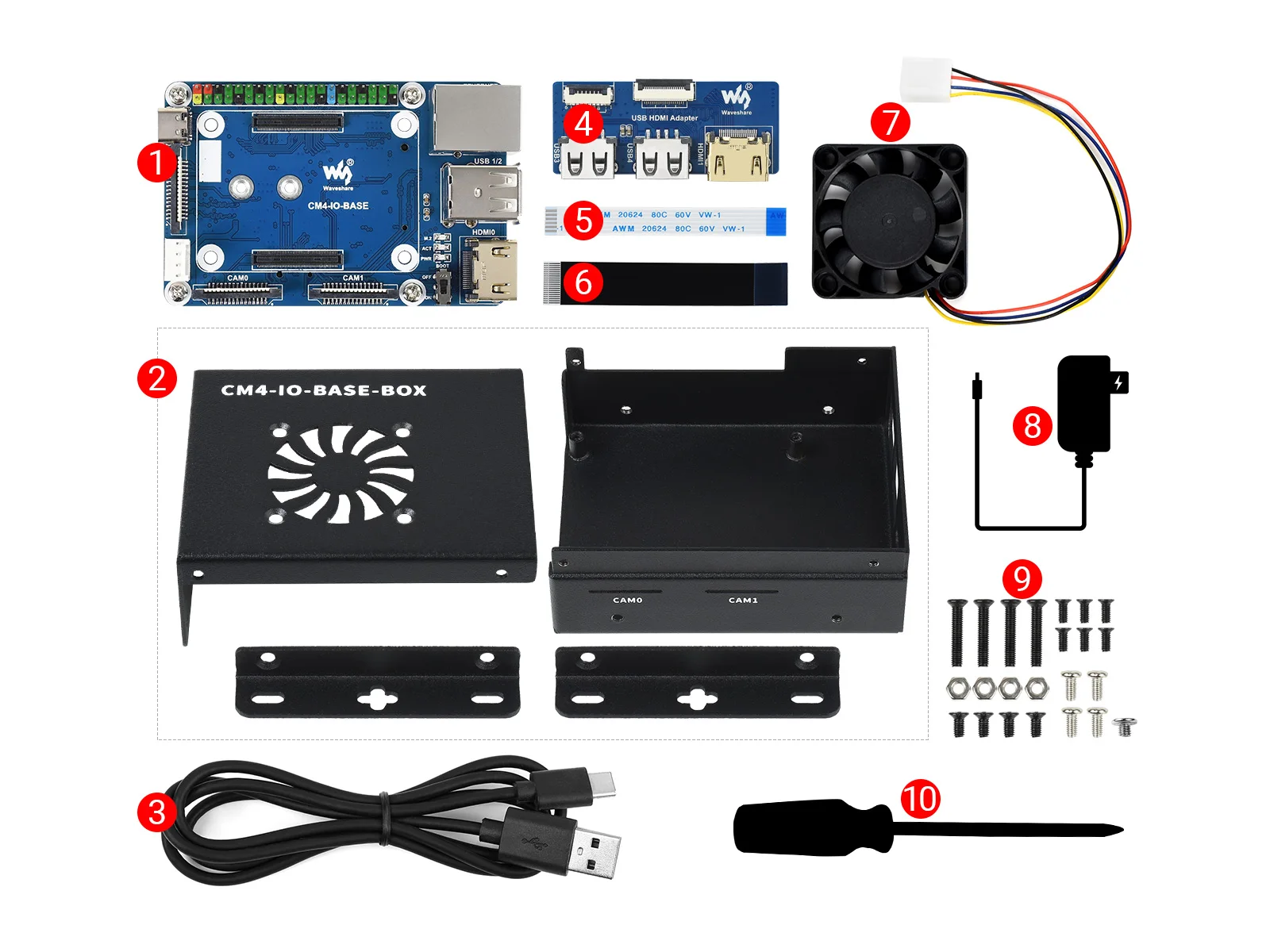 Waveshare CM4-IO-BASE-BOX-B + USB HDMI Adapter, for Raspberry Pi Compute Module 4