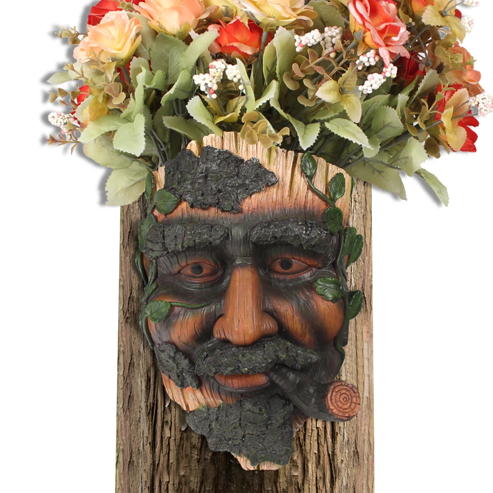 Tree Faces Decor Outdoor Whimsical Old Man Smoking Cigar Tree Hugger Statues Also Can Be Use Flower Pot for Garden Yard Art