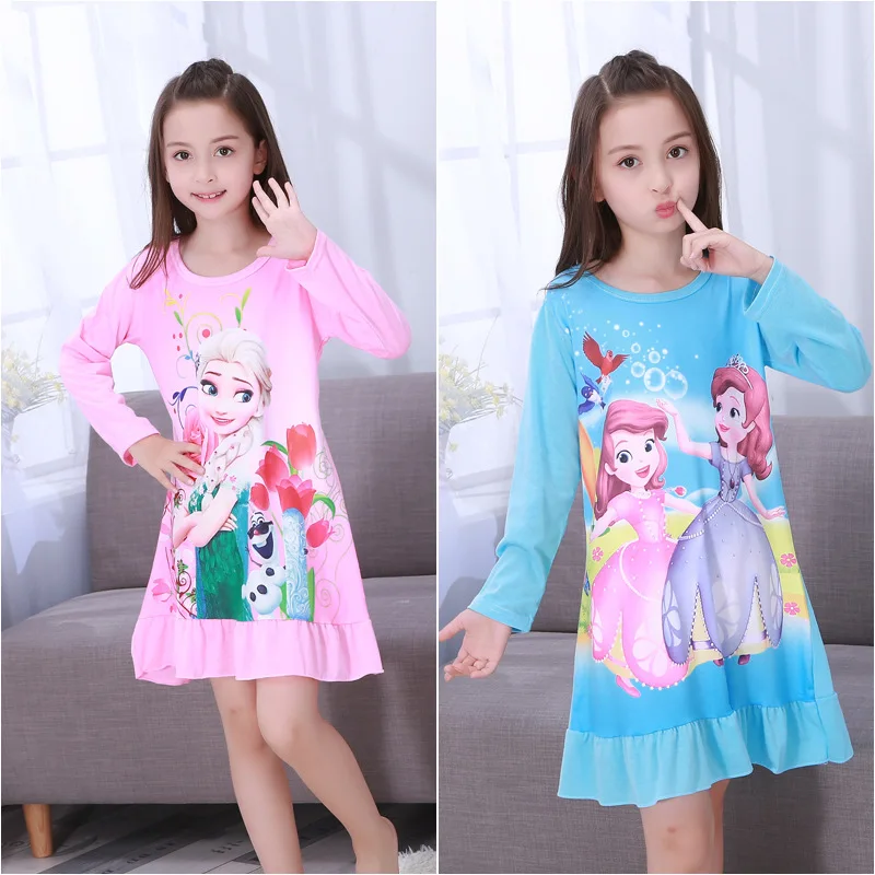 Disney Long Sleeve Skirt Children's Nightdress Spring and Autumn Long 3-8 Children's Baby Pajamas Girls Princess Sophia Aisha