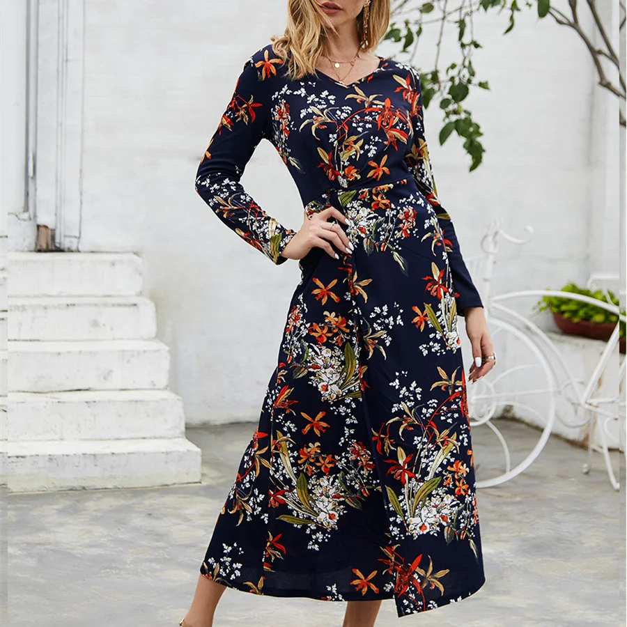 

Pdfmily 2019 Autumn Winter Women Print Long Dresses Casual Floral V-Neck Long Sleeve The Waist A-Line Slit Office Ladies Dress