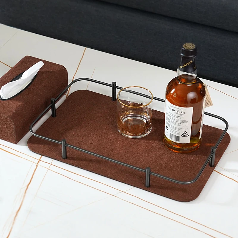 Nordic Iron Leather Tray Desktop Storage Tray Bar Party Decor Plate Kitchen Storage Plate Organizer Dish Container Service Tray