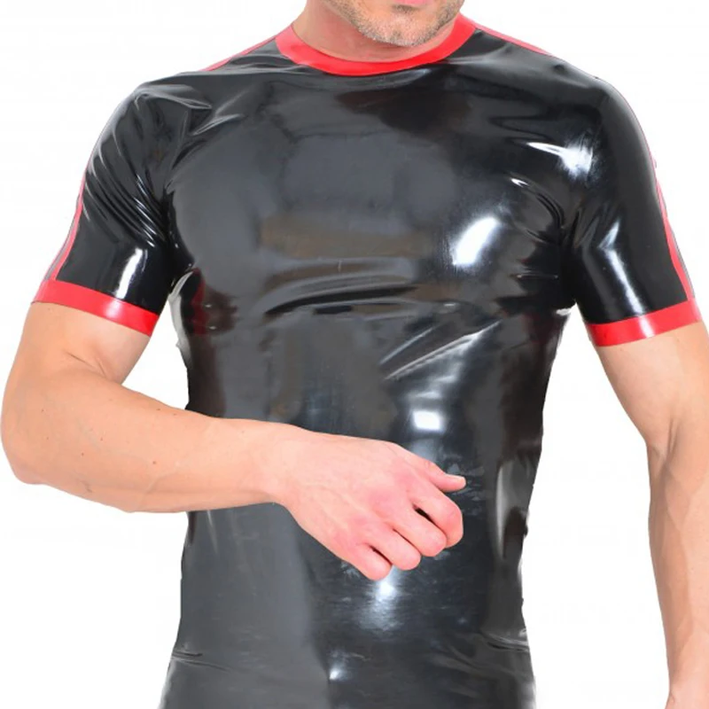 Handmade Latex Men T-shirt Black and Red Trims Rubber Short Sleeves Tee Shirt  S-LSM066