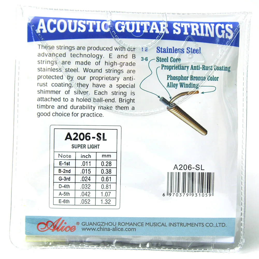 10 Sets of Alice A206 Acoustic Guitar Strings Light Super Light Stainless Steel Anti-Rust