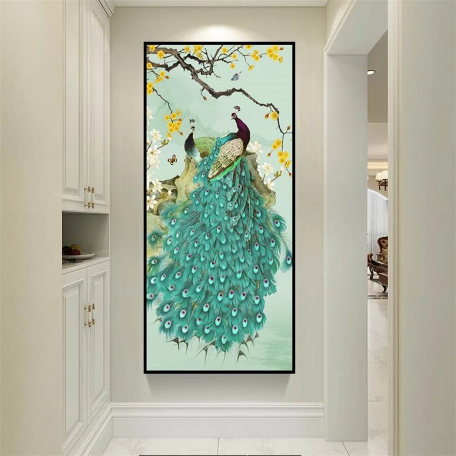 beibehang Custom wallpaper 3d new Chinese style pen blue peacock flower bird porch background wall decoration painting wallpaper