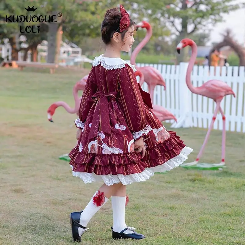 Robe princesse Lolita OP pour filles, manches longues, à volants, ensemble de Costumes de fête pour enfants avec couvre-chef, vie quotidienne d'un chat paresseux