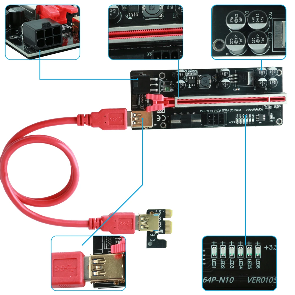 Imagem -03 - Ubit Ver010s-plus Pci-e Riser Cartão 1x a 16x Pci Extensor Sata 6pin Power Express Adaptador Cabo Usb3.0 para Mineração Ethereum Peças