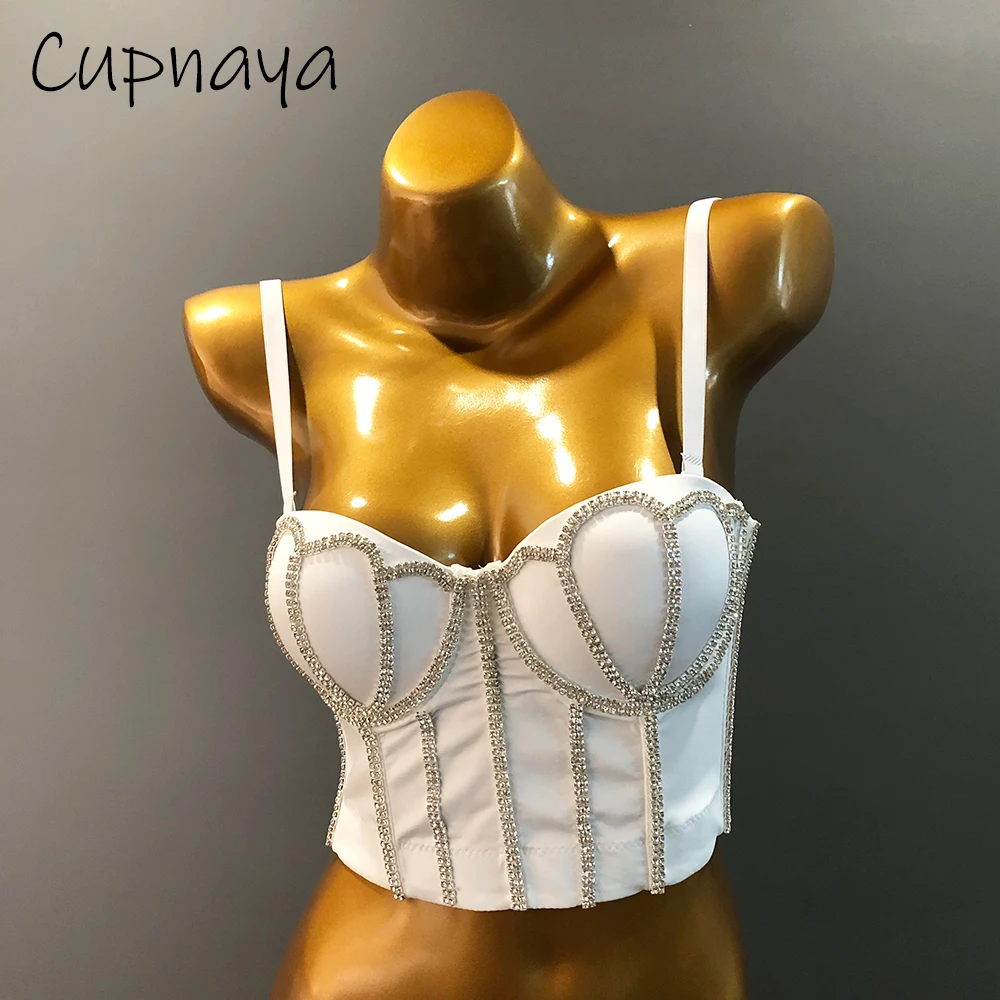 Cupnaya Handmade Women Glitter Diamante Crop Top Sexy Push-Up Bustier Clubwear Short Corset Bralette Inner Tube Vest Black White