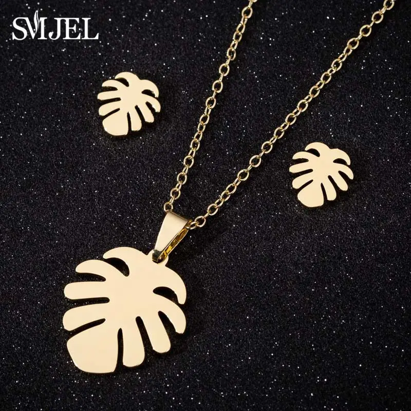 2024 Tiny Coconut Palm Leaf Necklace Earring Bohemian Stainless Steel Monstera Leaf Charm Earrings for Women Jewlery Set Gifts