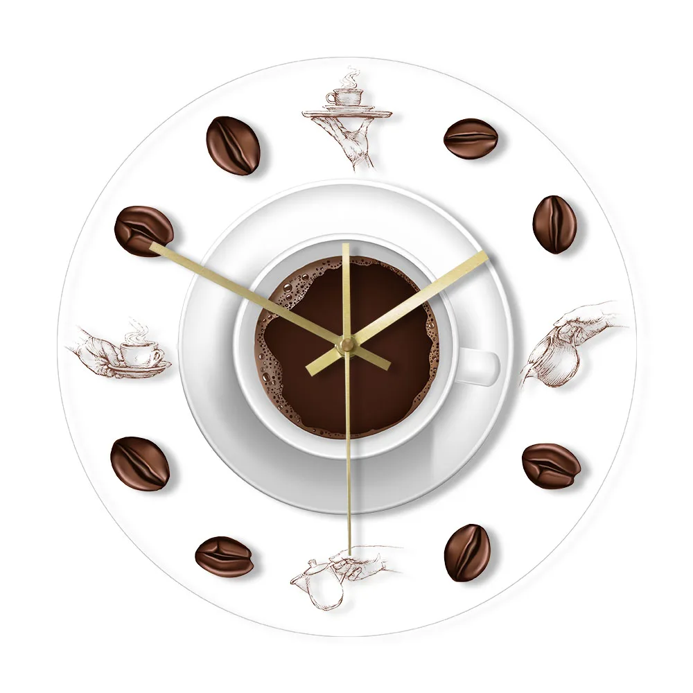 Coffee Hand Coffee Beans Wall Clock with LED Backlight Modern Design Cafe Coffee Mug Reloj De Pared Kitchen Acrylic Wall Watch