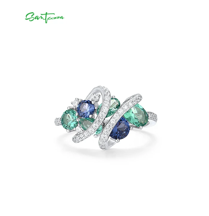 SANTUZZA 925 Sterling Silber Ringe für Damen, grün-blaue Spinell- und weiße CZ-Edelsteine, originale Ringe, Hochzeitsgeschenke, edler Schmuck – Detail 5