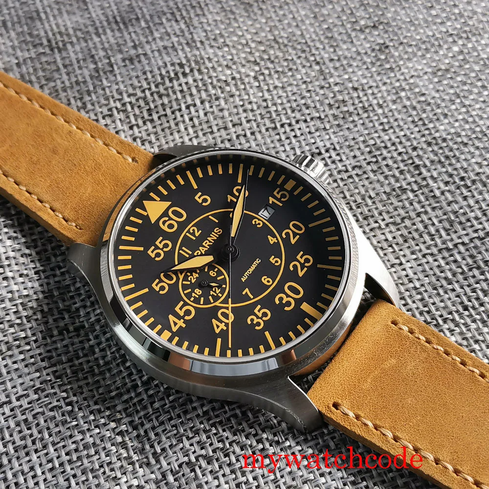 

Parnis 44mm Automatic Military Mens Watch 21 Jewels MIYOTA Sapphire Glass Yellow Marks Leather Strap