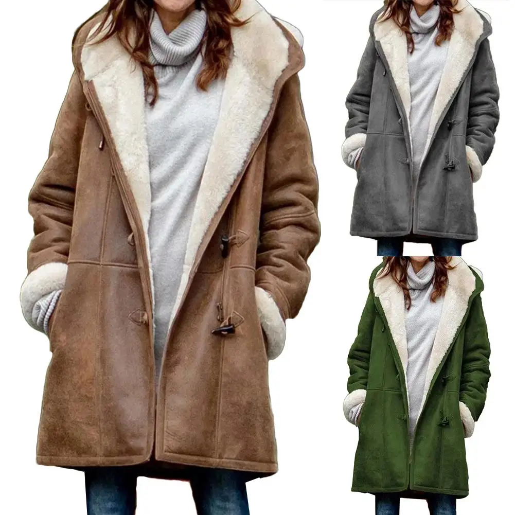 Women Winter Casual Solid Color Horn Buckles Fleece Lining Long Warm Hooded Coat Cotton made plushy lining acket jacket women