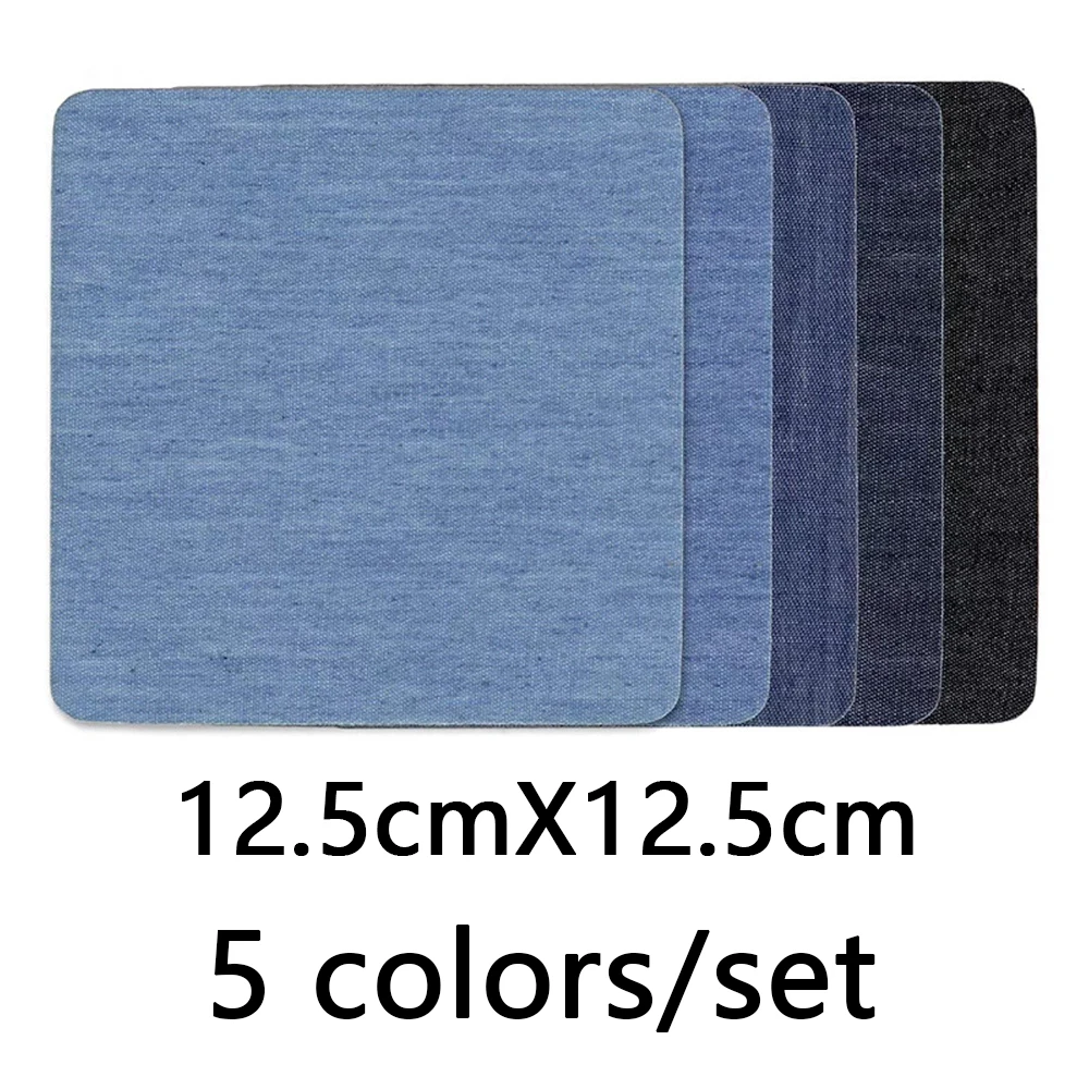 5PCS Dark Blue Rectangle Ellipse Sticky Hot Melt Glue Ironing Imitation Denim Pacthes for Repair Denim Jean Jacket Dress sleeve