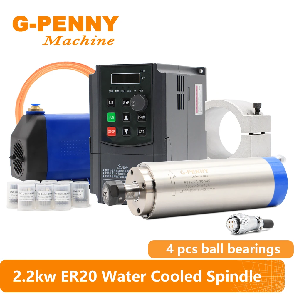 G-PENNY Machine 2.2KW ER20 D80 Water cooled spindle Motor 220v/380v 2.2KW Frequency VFD & 80mm Clamping bracket 75W water pump