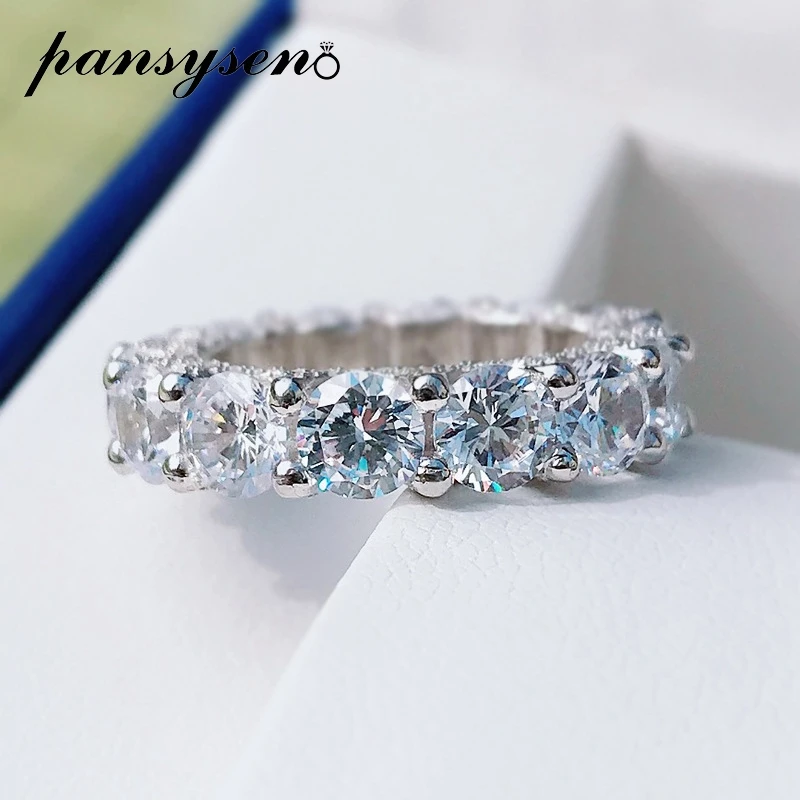 PANSYSEN 100% 925 Sterling Silver Simulated Moissanite High Carbon Gemstone Round Circle Ring Wedding Engagement Rings for Women