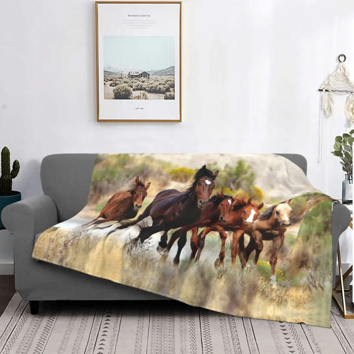 Brown Horse Herd Running Blankets Galloping Animal Lovers Fuzzy Novelty Throw Blankets for Chair Covering Sofa All Season