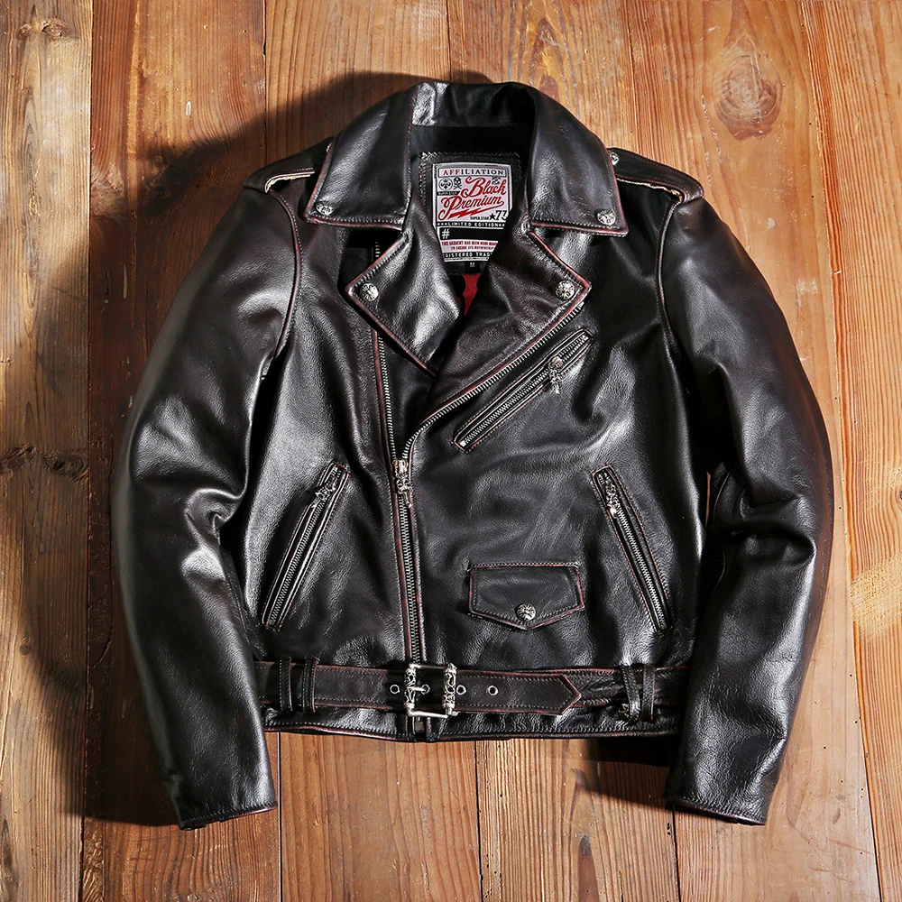 Vintage Brown Motorcycle Style Genuine Leather Jacket Men Plus Size 3XL Real Natural Cowhide Autumn Slim Fit Biker Coat