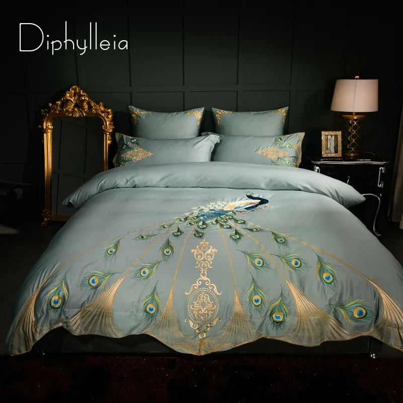 Diphylleia France Style Luxe Bedding Set Peacock Embroidered Queen King Size Duvet Cover Art Bed Sheet Soft Egyptian Cotton Teal