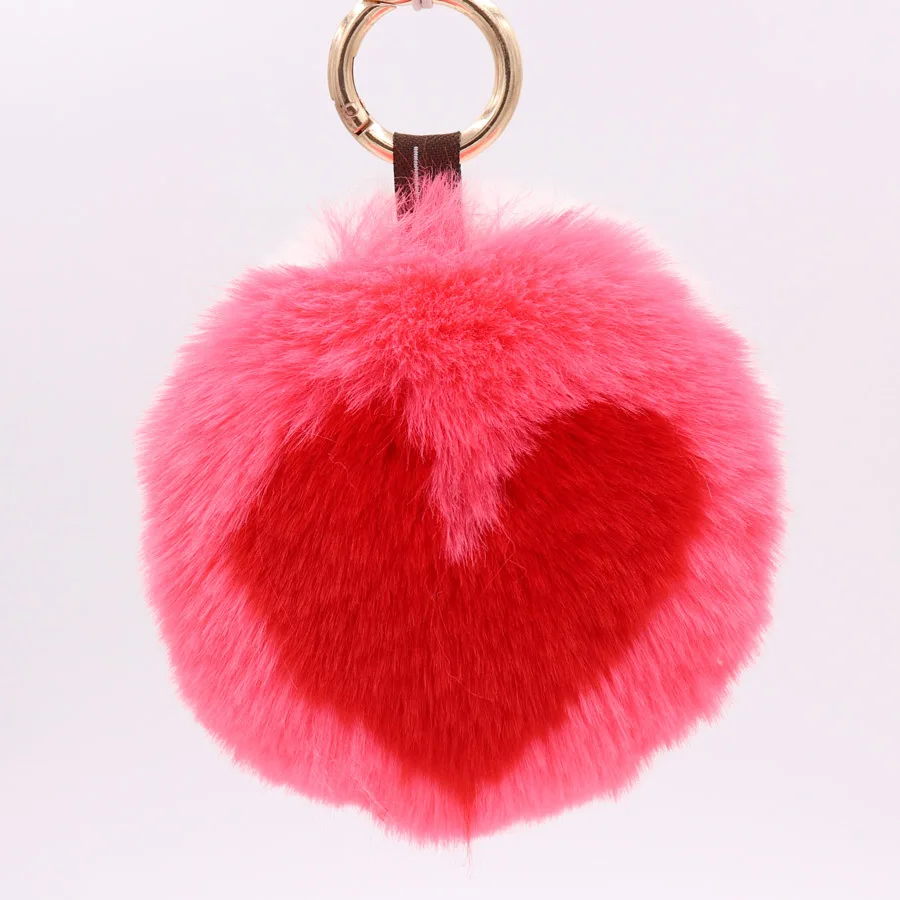 New Sweet fashion color matching round heart Fake Rabbit Fur Ball Key Chain Pompom Key Chain Key Rings  Girl Women Bag  Jewelry