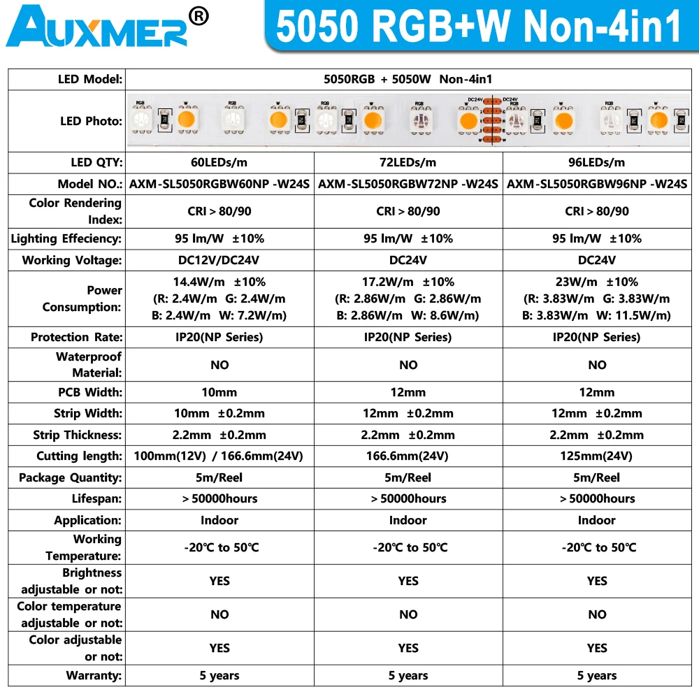 Bande lumineuse LED 5050RGB + W, CRI90,96LED/m ou 72LED ou 60LED/m, RGBW,Non-4in1,IP20,DC24V, pour KTV, salle de divertissement, salle de sport