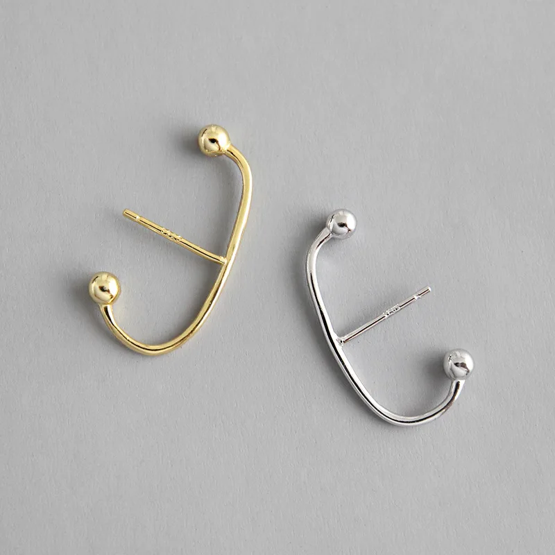 1pair INS minimalist 100% Authentic 925 Sterling silver White/ Gold double ball &Bar EAR Cuff ear earrings FINE jEWELRY TLE634