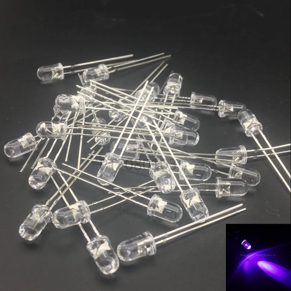 100 pcs 5mm Ultraviolet 395nm 400nm UV LED Diode Light Emitting Lamp 5mm UVLED (Ultra Violet Paars 5mm Ronde Water Clear Lens)