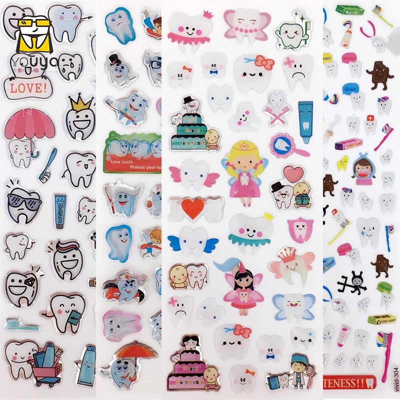 3D Stickers Dental Molar Shaped Cartoon Cute Tooth Fairy Paper Stickers Plastic Sticker for Dentist Dental Gift Kids Scrapbook