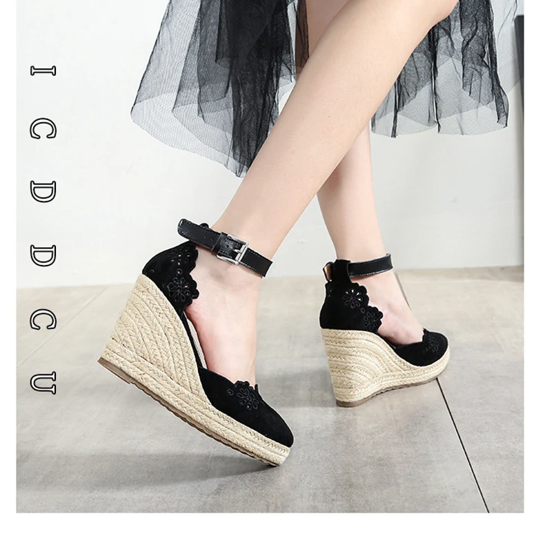 Womens Summer Espadrille Pumps Platform Wedge Sandals Ankle Buckle Strap Pointed Toe Shoes Beige Women Casual Hollow High Heels