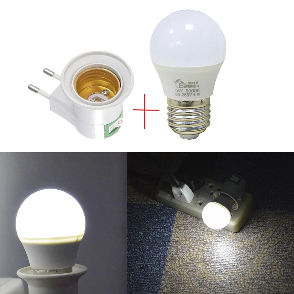 EU Plug Luzes Noturnas LED com Tomada de Interruptor, E27 Holder Base Night Light, 220V, 5W