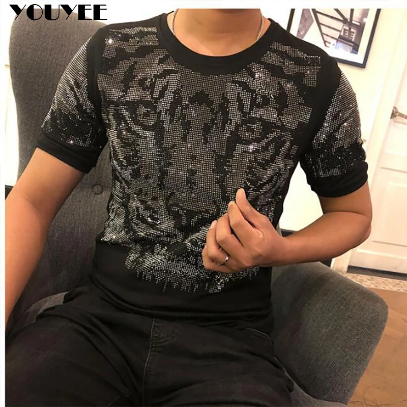 3D Tiger Head Pattern Hot Diamonds Male Tees 2022 New Summer Trend Handsome Short Sleeve Cotton T-Shirt Popular Men’s Clothing