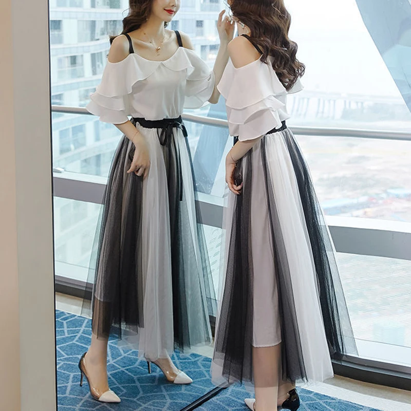 New Chiffon Off-the-shoulder White Top+black And White Stitching Long Pleated Tulle Skirts Two Piece Set High Waist Mesh Skirts