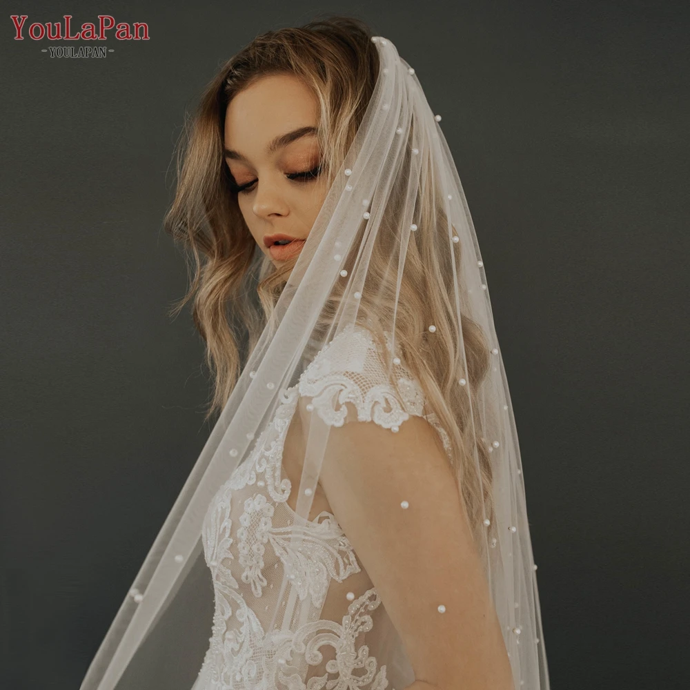 YouLaPan V05 Elegant Wedding Veil for Bridal Romantic Scattered Pearls Marries 5 Meters Bridal Veil Cathedral Wedding Veil Ivory