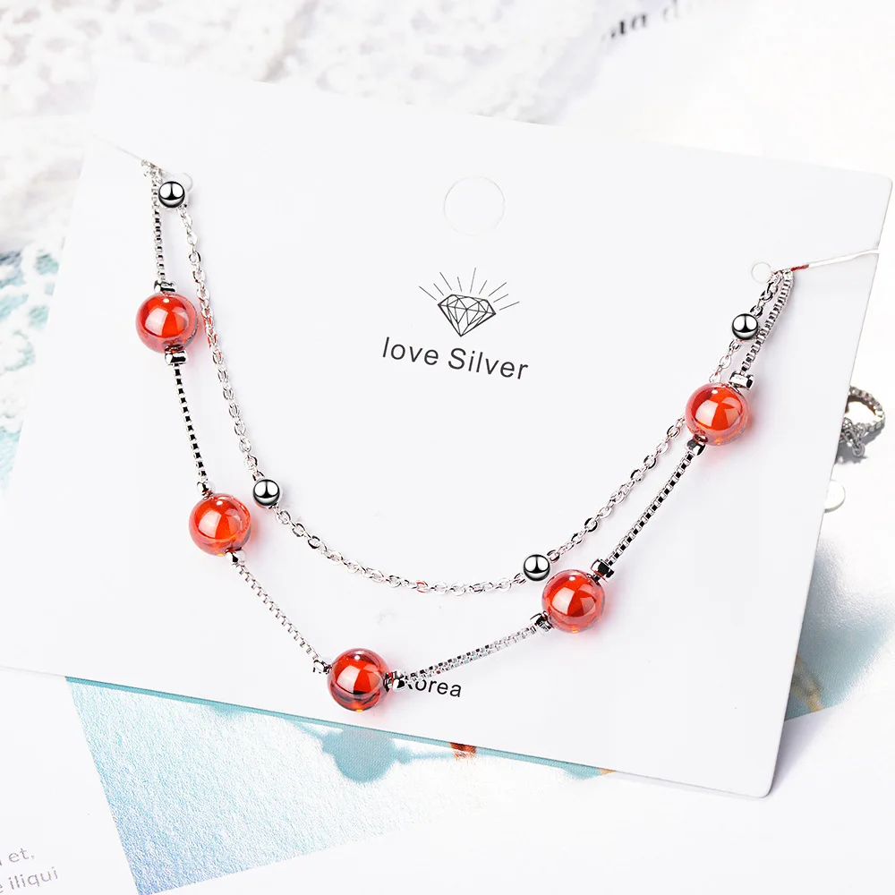 925 Sterling Silver Fashion Women\'s Jewelry Red Garnet Stone Double Layer Beads Bracelet 16cm For Gift Girls Lady Drop Shipping