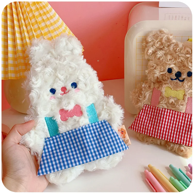 Kawaii furry pencil case ins Japanese cute plush bear rabbit stationery pencil case girl heart brush decoration storage bag