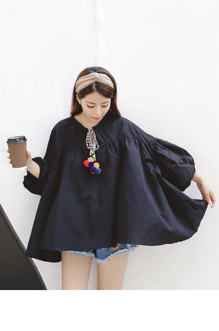 new shirt blouse top white leisure large size loose puff sleeve long v-neck with colorful pompom