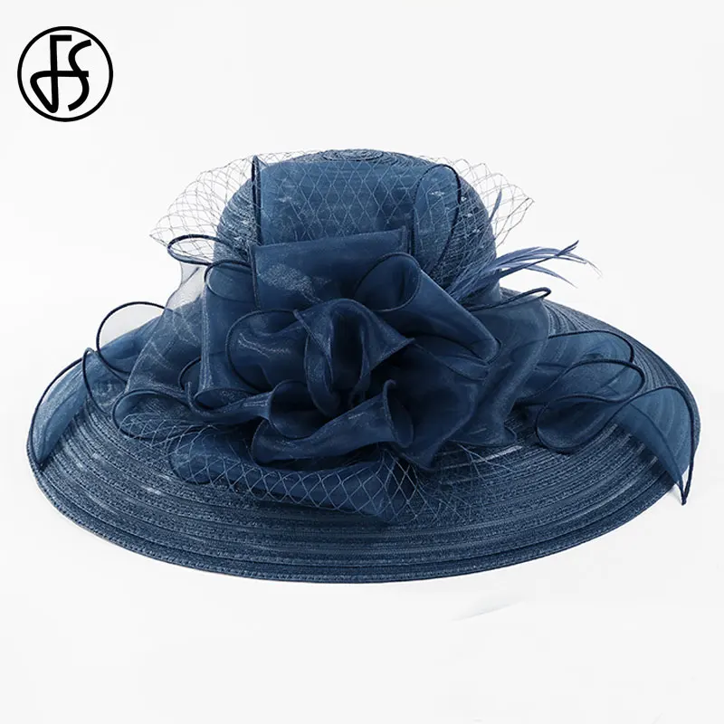 FS Black White Elegant Women Church Hats For Ladies Flowers Large Brim Organza Hat Beach Sun Kentucky Derby Hat Fedora