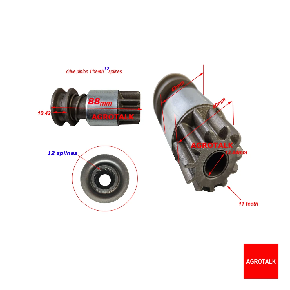 Starter motor QD1315A, the drive pinion for old style moto, 11teeth with 4 / 12 splines inside, total length 88mm