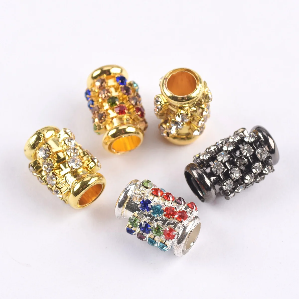 5pcs 15x8mm 20x10mm Cylinder Tube Copper Metal Crystal Glass Rhinestones Loose Big Hole Beads for Jewelry Making DIY Bracelet
