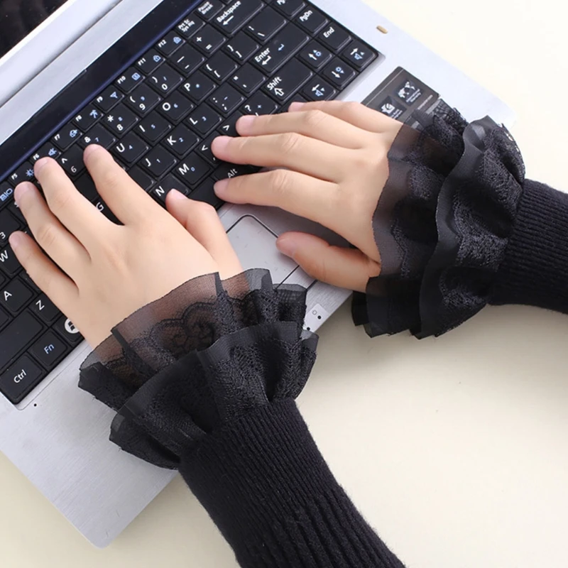 Literary Women Sweet Fake Sleeves Double Layer Ruffles Lace Detachable Flared Cuffs Sweater Decorative Wrist Warmers