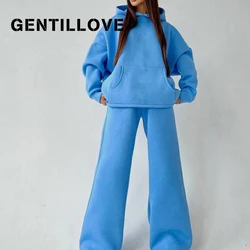 Casual Solid Fleece Hoodies Suits Two Pieces Set Winter Oversized Wide Leg Sweatpants Women Hooded Tracksuit Streetwear Outfits