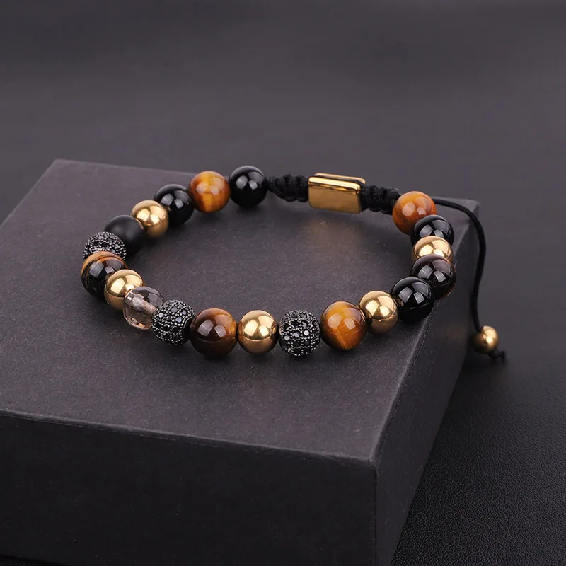 

High Quality Natural Stone Jewelry Stainless Steel Beads Brown Tiger Eye Braided Men Friendship Bracelet Gift