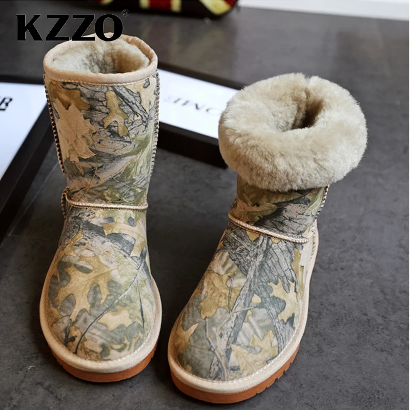 KZZO New Sheepskin Mid-calf Winter Boots for Women Australia Classic Natural Sheep Fur Wool Lined Snow Boots Warm Shoes Non-slip