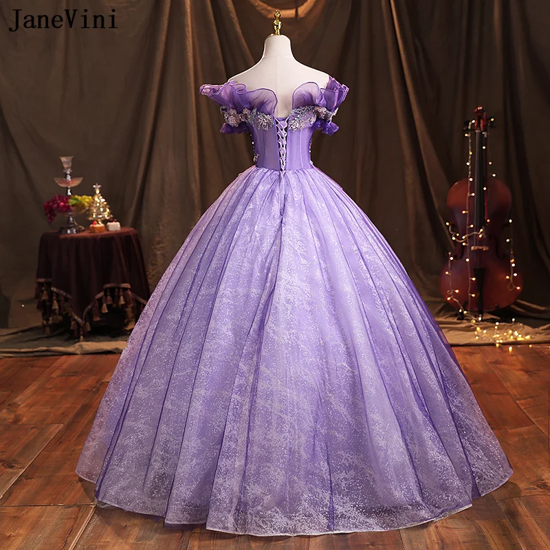 Janeviniバイオレットプリンセスのドレス,ビーズの真珠,花柄,apped Quinceanera,パーティー用,16個