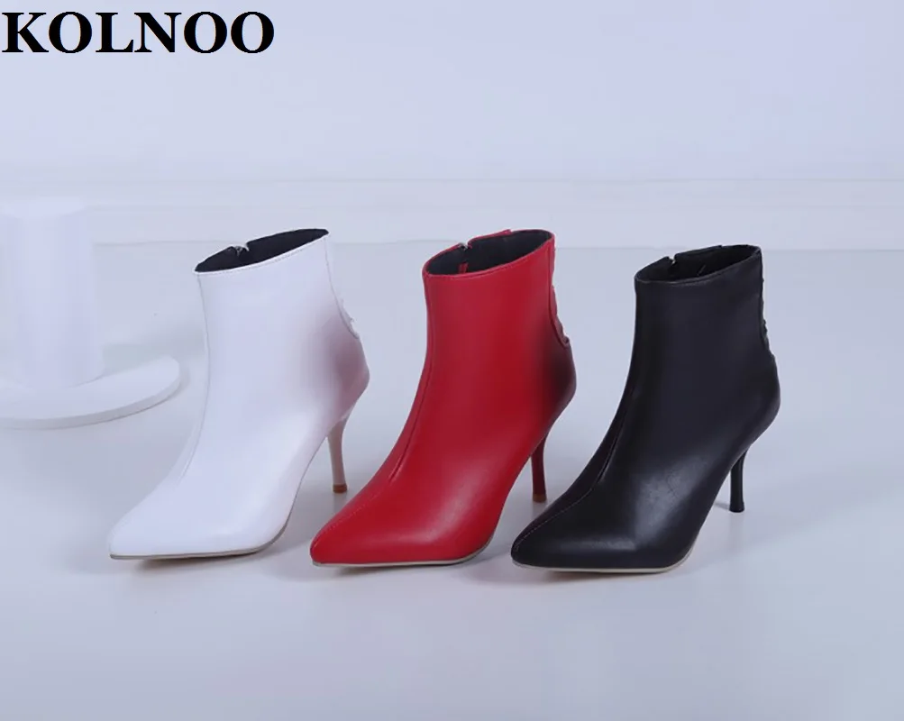 

Kolnoo New 2023 Handmade Ladies High Heels Boots Faux Leather 3-Colors Simple Style Dress Ankle Boots Prom Fashion Winter Shoes