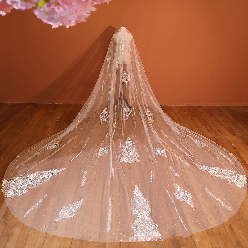 New Arrival Cathedral wedding veil Lace Applique Welon ivory Bride Bridal Veils Sexy wedding accessories Velos de novia