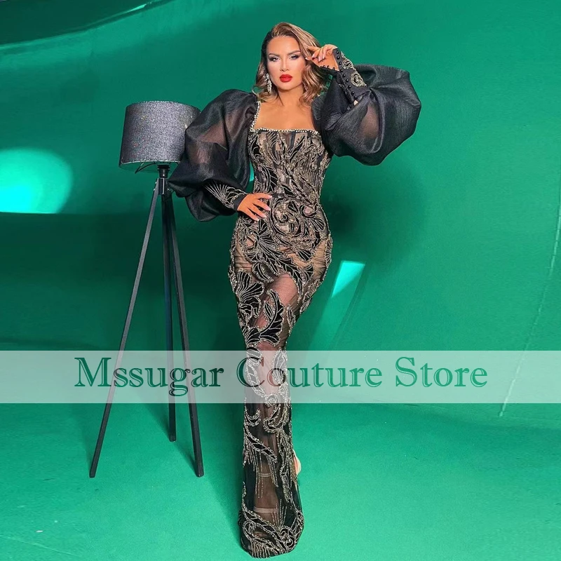 2021 New Black Mermaid Evening Dresses Appliques Beading Longsleeves Prom Dress robe de soirée de mariage