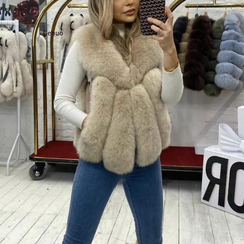 Kamizelki damskie zimowe futro z lisa ponadgabarytowe bezrękawnik kobiece grube ciepła podkoszulka Fashion Casual puszysta kamizelka ze sztucznego futra