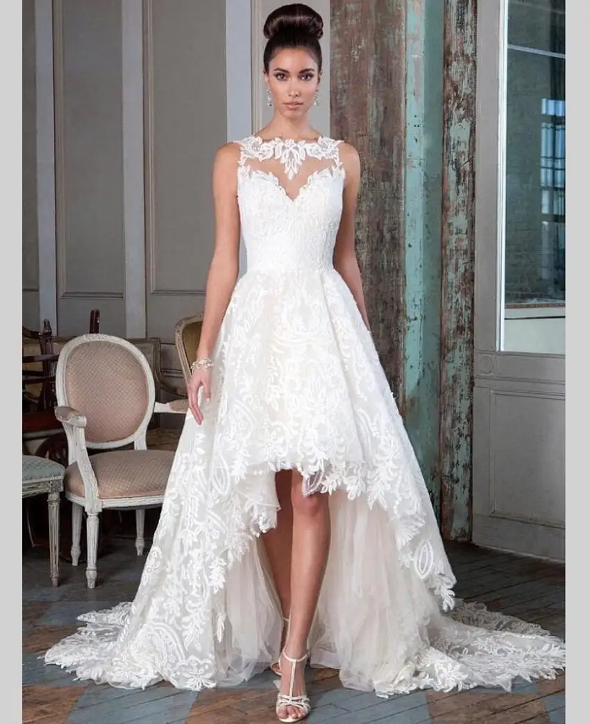 Robe de mariée princesse en dentelle, train chapelle, Hi-Lo, devant court, dos long, ligne A, robe de patients, sur mesure, romantique, haute qualité, nouveau