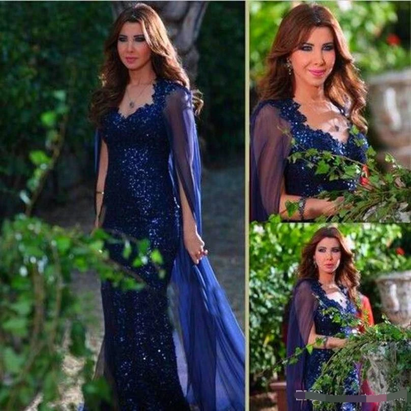 Elegante vestido de noite de lantejoulas azul 2019 bainha com decote em v manga longa chiffon dubai formal vestidos de baile de formatura vestidos de férias do país